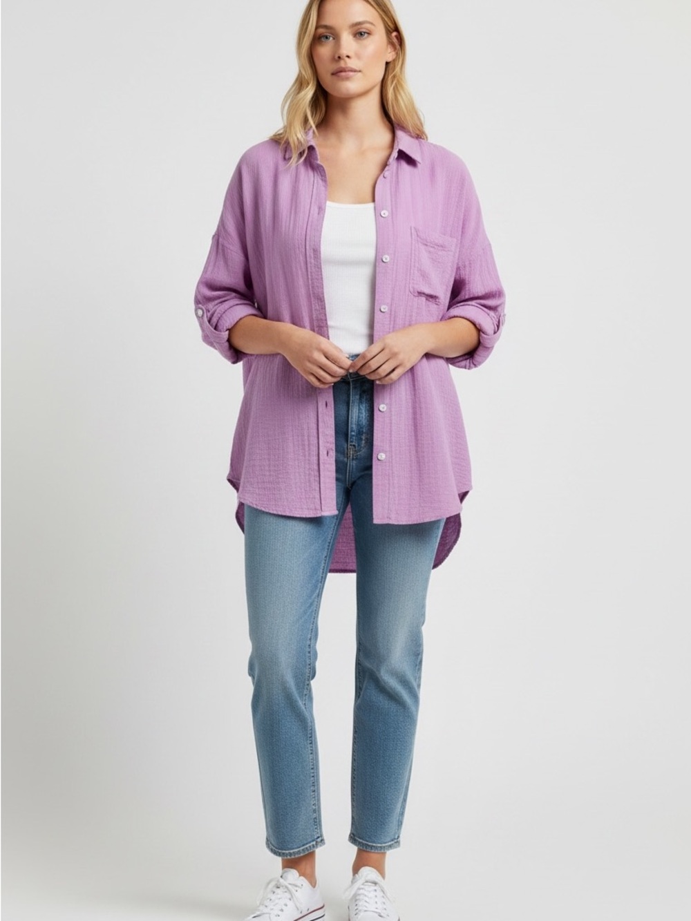 American Eagle Outfitters Soft Textured Lilac Oversized Button-Down Blouse